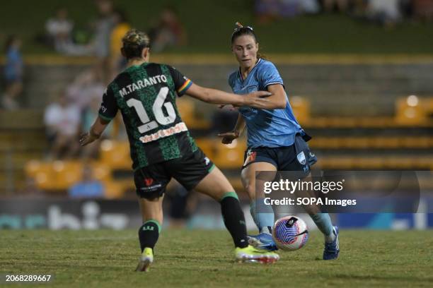Melissa Taranto of Western United FC and Margaux Marianne Chauvet of Sydney FC is seen during the Liberty A-League 2023-24 season round 19 match...