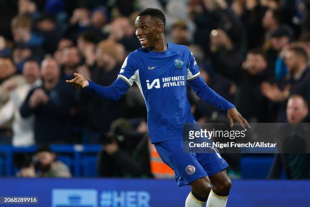 Nicolas Jackson of Chelsea celebrates scoring 1st goal during the Premier League match between Chelsea FC and Newcastle United at Stamford Bridge on...
