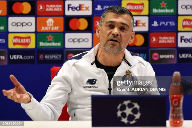 Porto's Portuguese coach Sergio Conceicao attends a press conference on the eve of the UEFA Champions Leauge round of 16 second leg football match...