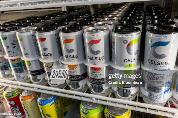 Celsius energy drinks at a store in Crockett, California, US, on Monday, March 11, 2024. Investors making bearish wagers against Celsius Holdings...