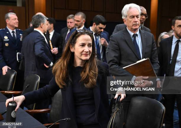 Director of National Intelligence Avril Haines and CIA Director William Burns depart after testifying during a Senate Select Committee on...