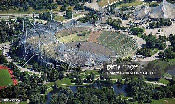 Aerial view taken on July 4, 2011 shows the Olympic stadium in the Olympic park built for the 1972 summer Olympic Games in the southern German city...