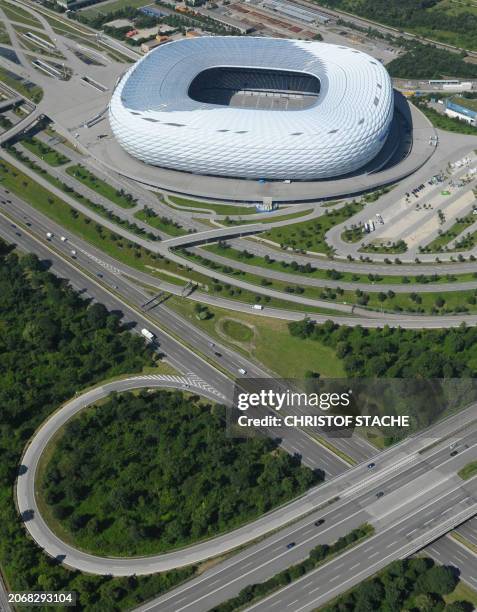 Aerial view taken on July 4, 2011 shows the football stadium Allianz-Arena, the stadium of German first division Bundesliga team FC Bayern Munich in...