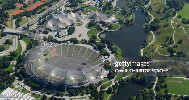 Aerial view taken on July 4, 2011 shows the Olympic stadium in the Olympic park built for the 1972 summer Olympic Games in the southern German city...