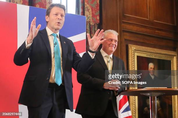 Richard Tice leader of Reform UK and former Conservative Party Chair Lee Anderson at a press conference in Westminster, central London after Anderson...