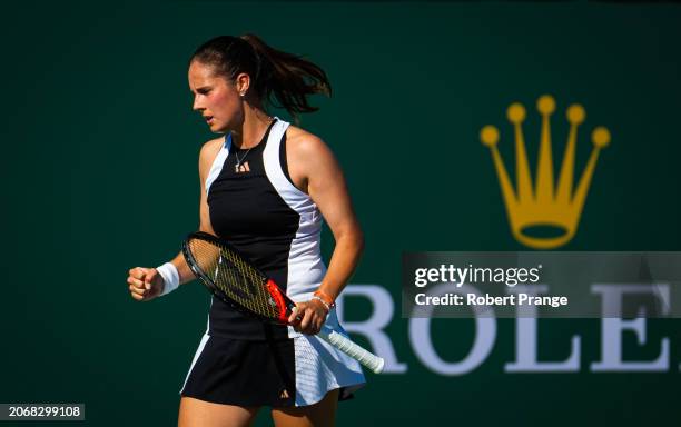 Daria Kasatkina in action against Sloane Stephens of the United States in the third round on Day 9 of the BNP Paribas Open at Indian Wells Tennis...