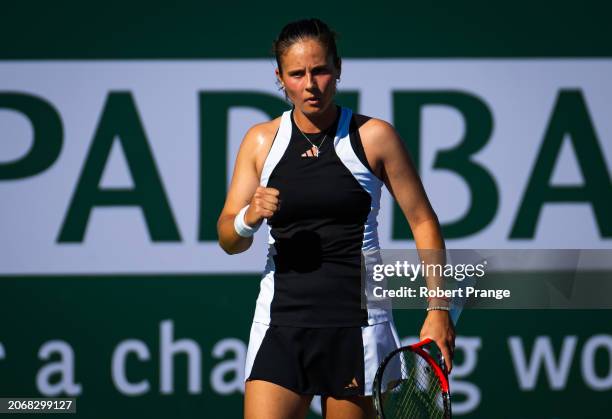 Daria Kasatkina in action against Sloane Stephens of the United States in the third round on Day 9 of the BNP Paribas Open at Indian Wells Tennis...