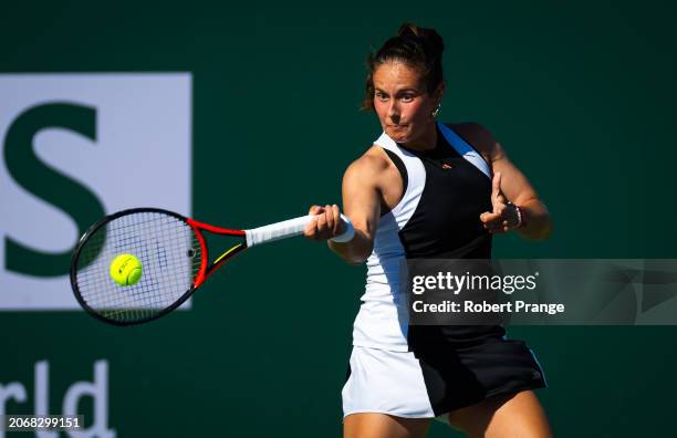 Daria Kasatkina in action against Sloane Stephens of the United States in the third round on Day 9 of the BNP Paribas Open at Indian Wells Tennis...