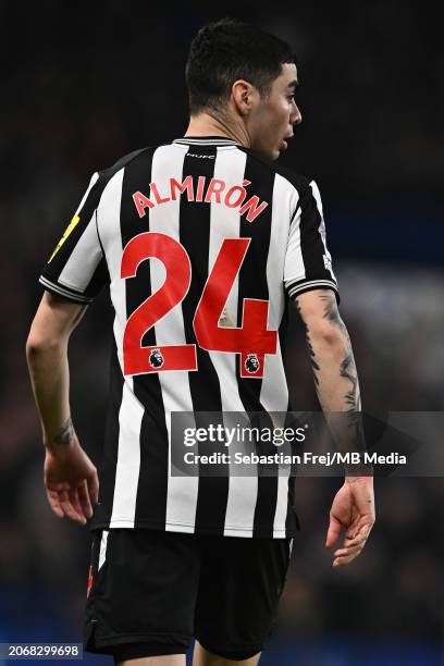 Miguel Almiron of Newcastle United during the Premier League match between Chelsea FC and Newcastle United at Stamford Bridge on March 11, 2024 in...