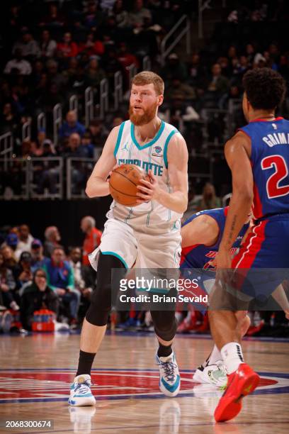March 11: Davis Bertans of the Charlotte Hornets handles the ball during the game against the Detroit Pistons on March 11, 2024 at Little Caesars...
