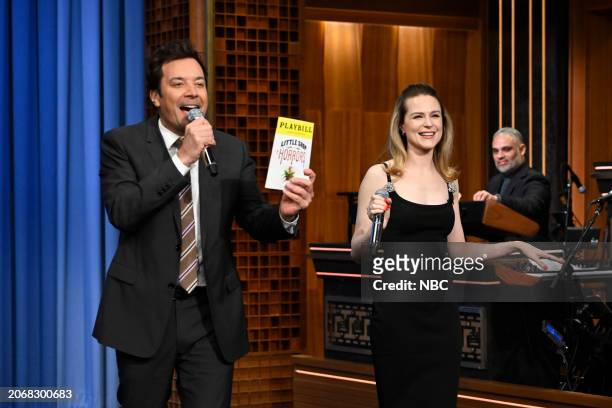 Episode 1937 -- Pictured: Host Jimmy Fallon and actress Evan Rachel Wood sing together during their interview on Monday, March 11, 2024 --