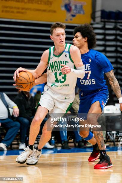 Drew Peterson of the Main Celtics drives to the basket against the Delaware Blue Coats on March 11, 2024 at Chase Fieldhouse in Wilmington, Delaware....