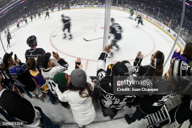 Los Angeles Kings fans watch warmups prior to the game against the New York Islanders at Crypto.com Arena on March 11, 2024 in Los Angeles,...