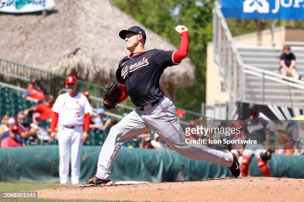 Washington Nationals pitcher Patrick Corbin throws a pitch against the St. Louis Cardinals on March 11 at Roger Dean Chevrolet Stadium in Jupiter,...