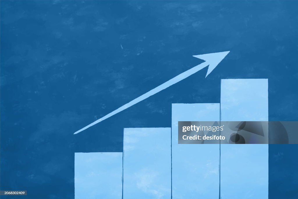 An upwards arrow sign or symbol represented over a bar graph chart painted on a smudged blotched rustic retro style blue horizontal vector background denoting success, positive growth, profit, increasing trend