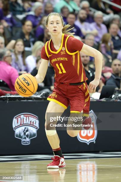 Iowa State Cyclones guard Emily Ryan drives with the ball in the fourth quarter of a women's Big 12 tournament semifinal game between the Iowa State...