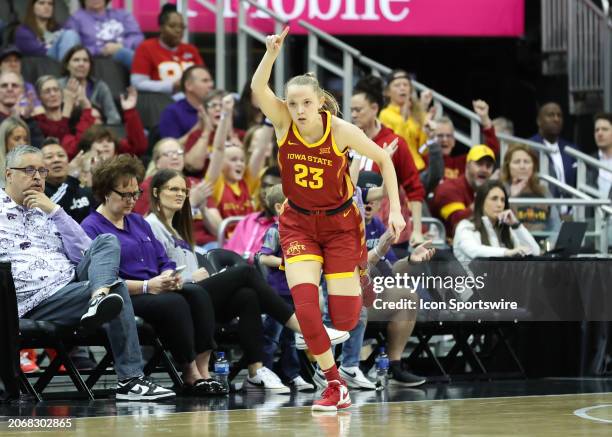 Iowa State Cyclones guard Kelsey Joens after making a three during a women's Big 12 tournament semifinal game between the Iowa State Cyclones and...