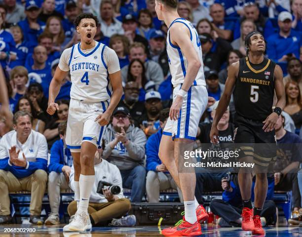 Tre Mitchell of the Kentucky Wildcats reacts during the game against the Vanderbilt Commodores at Rupp Arena on March 6, 2024 in Lexington, Kentucky.