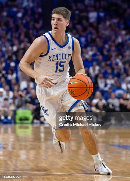 Reed Sheppard of the Kentucky Wildcats brings the ball up court during the game against the Vanderbilt Commodores at Rupp Arena on March 6, 2024 in...