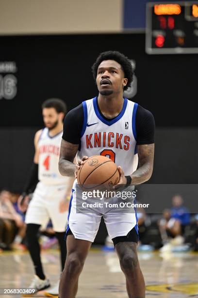 Brandon Goodwin of the Westchester Knicks shoots a free throw during the game against the South Bay Lakers on March 11, 2024 at UCLA Health Training...