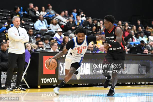 Brandon Goodwin of the Westchester Knicks drives to the basket during the game against the South Bay Lakers on March 11, 2024 at UCLA Health Training...