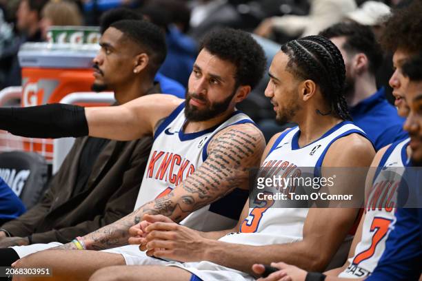 Duane Washington and Jacob Toppin of the Westchester Knicks talk on the bench during the game against the South Bay Lakers on March 11, 2024 at UCLA...
