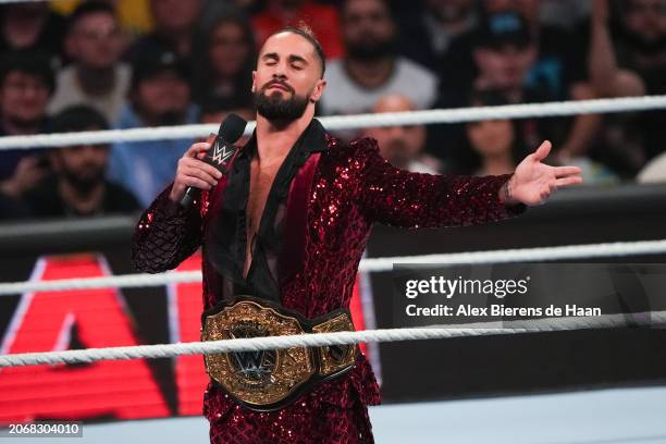 Seth Rollins gestures to the crowd during WWE Monday Night RAW at Toyota Center on March 11, 2024 in Houston, Texas.