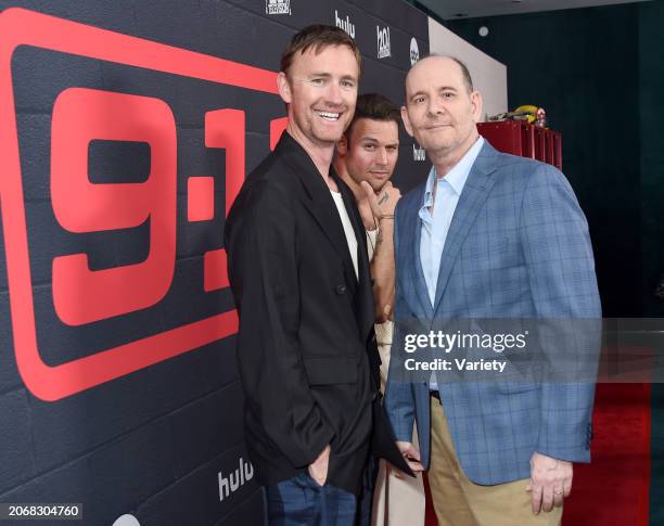 John J. Gray, Ryan Guzman and Tim Minear at the "9-1-1" ABC premire event held at Spring Place on March 11, 2024 in Beverly Hills, California.