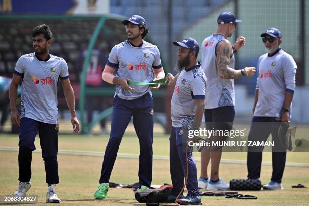 Bangladesh's cricketers attend a practice session at the Zahur Ahmed Chowdhury Stadium in Chittagong on March 12 ahead of their first one-day...