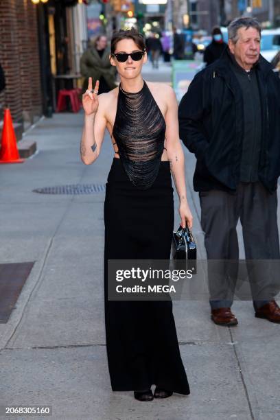 Kristen Stewart is seen arriving at Late Show with Stephen Colbert Show on March 11, 2024 in New York, New York.