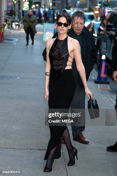 Kristen Stewart is seen arriving at Late Show with Stephen Colbert Show on March 11, 2024 in New York, New York.