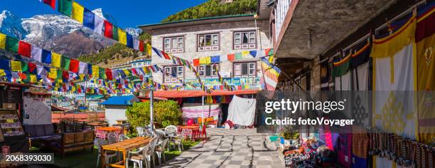 namche bazaar sherpa village teahouses shops cafes panorama himalayas nepal - namche bazaar stock pictures, royalty-free photos & images
