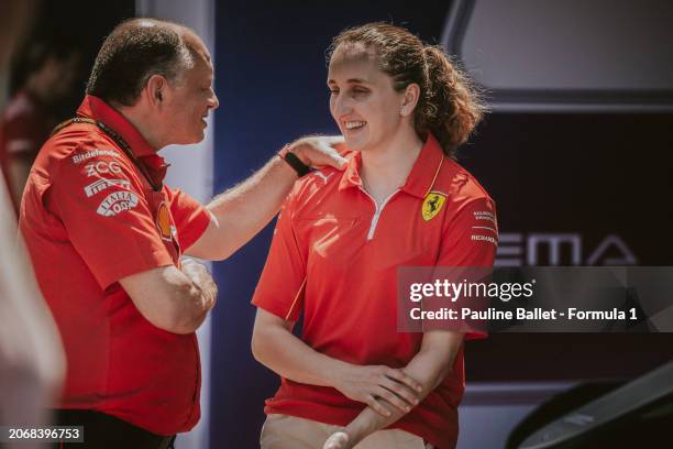 Ferrari Team Principal Frederic Vasseur talks with Maya Weug of Netherlands and PREMA Racing during Round 1 Jeddah race 1 of the F1 Academy at Jeddah...