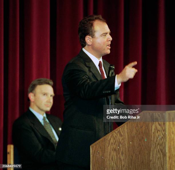 California Senator Adam Schiff speaks during a debate at Flintridge Preparatory School, September 15, 2000 in La Cañada Flintridge, California.