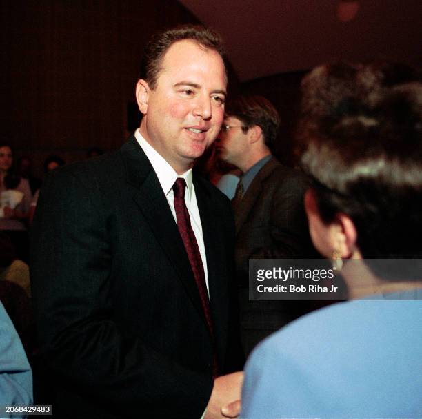 California Senator Adam Schiff meets guests during a debate at Flintridge Preparatory School, September 15, 2000 in La Cañada Flintridge, California.
