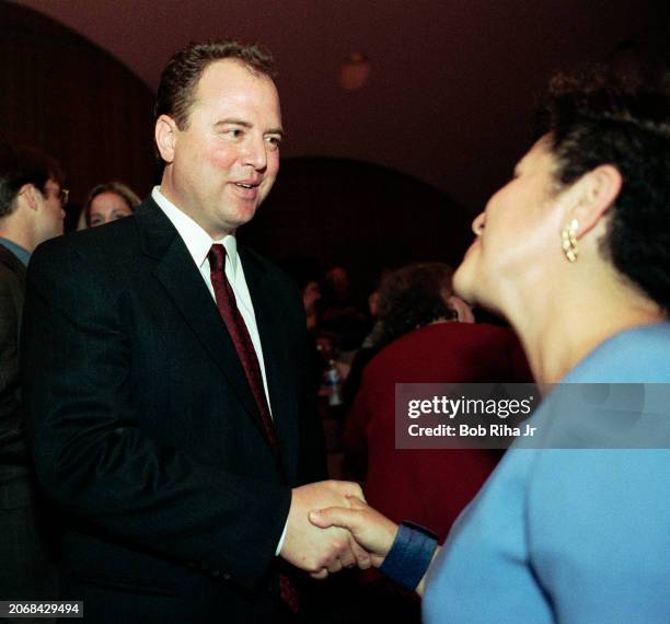 California Senator Adam Schiff meets guests during a debate at Flintridge Preparatory School, September 15, 2000 in La Cañada Flintridge, California.