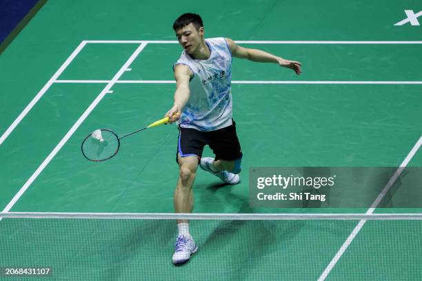 Wang Tzu Wei of Chinese Taipei competes in the Men's Singles Quarter Finals match against Kunlavut Vitidsarn of Thailand during day four of the Yonex...