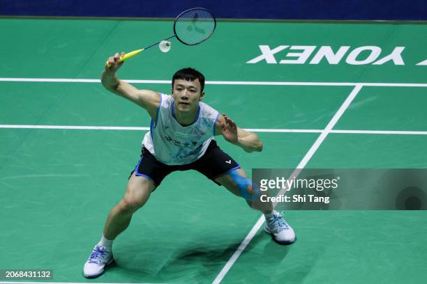 Wang Tzu Wei of Chinese Taipei competes in the Men's Singles Quarter Finals match against Kunlavut Vitidsarn of Thailand during day four of the Yonex...