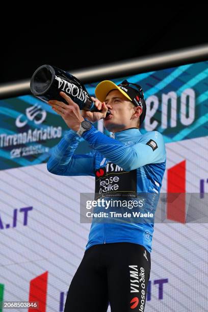 Jonas Vingegaard Hansen of Denmark and Team Visma-Lease A Bike celebrates at podium as Blue Leader Jersey winner during the 59th Tirreno-Adriatico...
