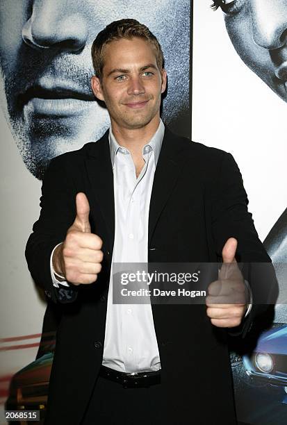 Actor Paul Walker arrives at the celebrity premiere of "2 Fast 2 Furious" at Warner Village West End on June 9, 2003 in London.