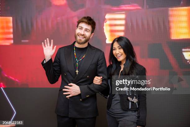 Italian singer Lorenzo Licitra and Indonesian singer-songwriter Anggun at the photocall for the presentation of Jesus Christ Superstar on stage at...