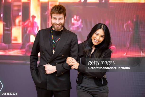Italian singer Lorenzo Licitra and Indonesian singer-songwriter Anggun at the photocall for the presentation of Jesus Christ Superstar on stage at...