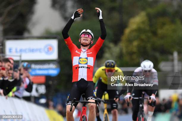 Mattias Skjelmose of Denmark and Team Lidl - Trek celebrates at finish line as stage winner ahead of Matteo Jorgenson of The United States and Team...