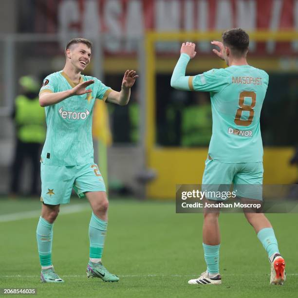 David Doudera of Slavia Praha celebrates with team mate Lukas Masopust after scoring to level the game at 1-1 during the UEFA Europa League 2023/24...