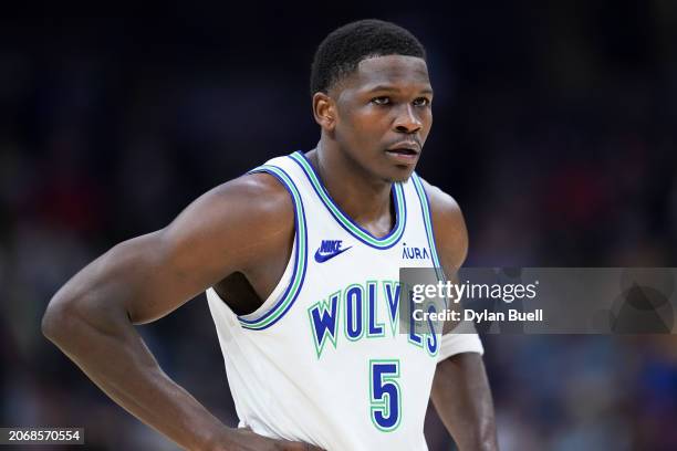 Anthony Edwards of the Minnesota Timberwolves looks on in the first quarter against the Indiana Pacers at Gainbridge Fieldhouse on March 07, 2024 in...