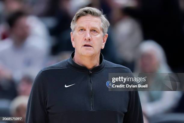 Head coach Chris Finch of the Minnesota Timberwolves looks on in the second quarter against the Indiana Pacers at Gainbridge Fieldhouse on March 07,...