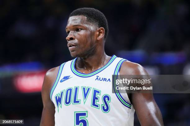 Anthony Edwards of the Minnesota Timberwolves looks on in the first quarter against the Indiana Pacers at Gainbridge Fieldhouse on March 07, 2024 in...