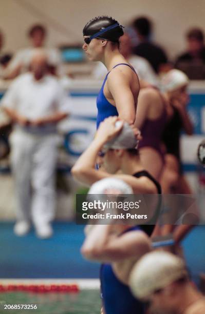 German swimmer Sandra Volker, wearing a blue swimsuit with a black swimming cap and goggles, during the 3rd FINA World Swimming Championships a short...