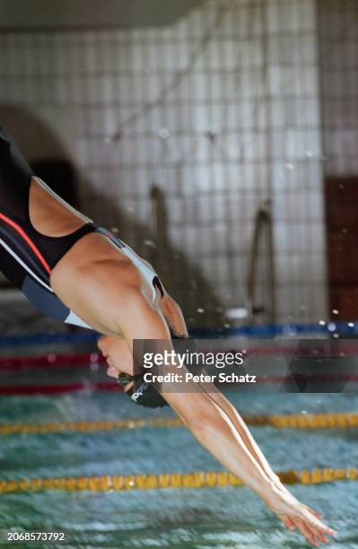 German swimmer Sandra Volker diving into the water at the German Swimming Championships in Regensburg, Bavaria, Germany, November 1997.