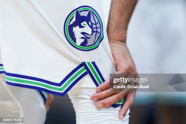 Detail view of the Minnesota Timberwolves logo during the game against the Indiana Pacers at Gainbridge Fieldhouse on March 07, 2024 in Indianapolis,...
